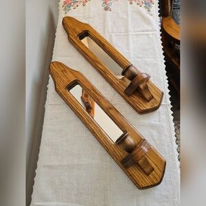 Pair of Wooden Wall Sconces with Mirrors & Candle Holders